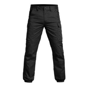 Pantalon tactique noir renforcé avec multiples poches cargo, idéal pour interventions et forces de l'ordre.