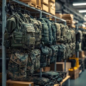 Rayon d’un stock d’équipements militaires avec gilets tactiques, sacs à dos et accessoires.