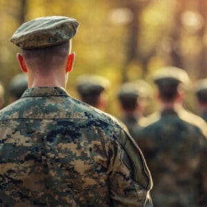 Groupe de soldats en tenue de camouflage lors d'un entraînement militaire en extérieur.