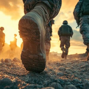 Groupe de soldats en patrouille marchant sur un terrain rocailleux au coucher du soleil.