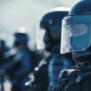 Forces de l'ordre en tenue anti-émeute, équipées de casques avec visière et protections tactiques.