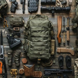 Vue détaillée d'un ensemble d'équipements militaires tactiques incluant sacs à dos, couteaux, lampes et accessoires de survie.