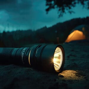 Lampe torche allumée posée sur le sol, avec une tente éclairée en arrière-plan lors d’un bivouac nocturne.